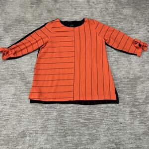 Ali Miles Shirt Womens Large Orange Black Stripe 3/4 Sleeve Tie Cuff Tunic